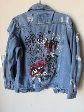 Light Blue Distressed Denim Jacket with Graffiti Back